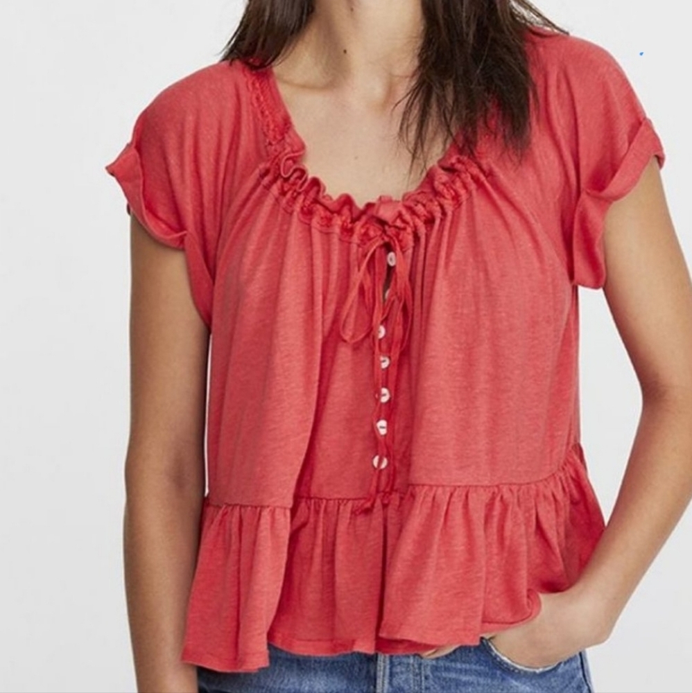 Free People Charlie Tee Peasant Top- Camelia Coral Red Oversized Size L